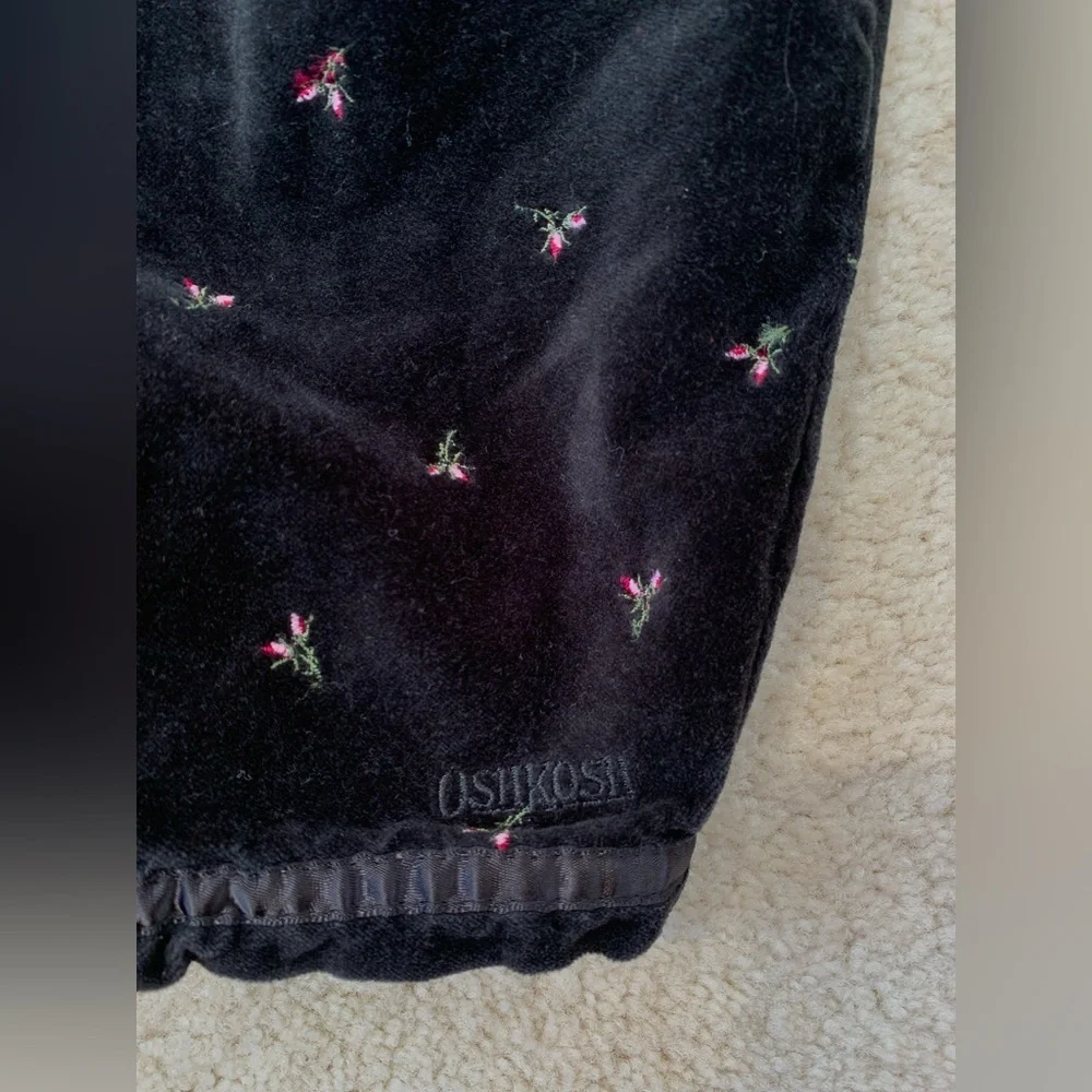 Vintage OshKosh Size Small Black Velvet Romper with Embroidered Flowers